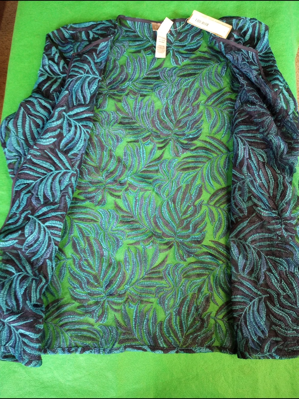 Chico's Teal and Black Leaf-Print Sheer Knit Cardigan - Picture 3 of 5